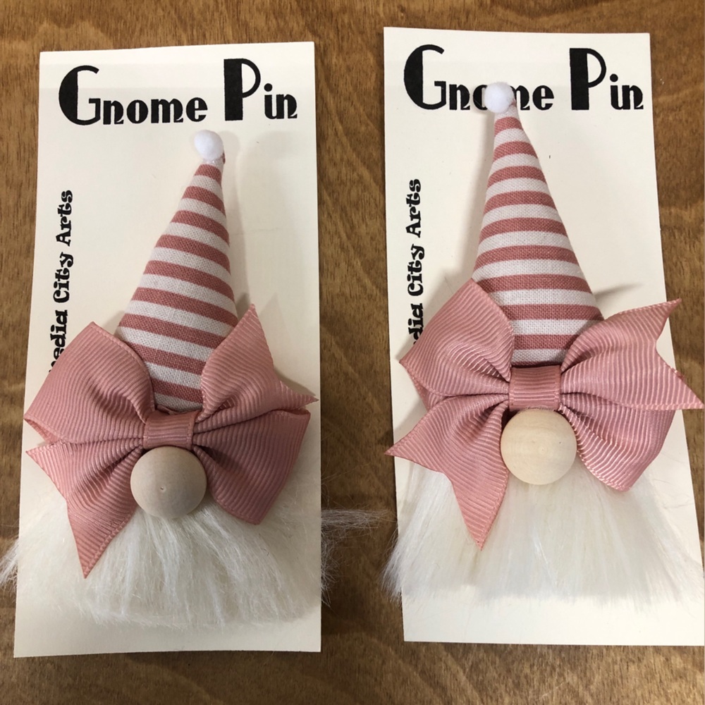 Victorian Gnome Pin Brooch Handmade Gift Guide Bow Magnetic Striped Mauve Girlie